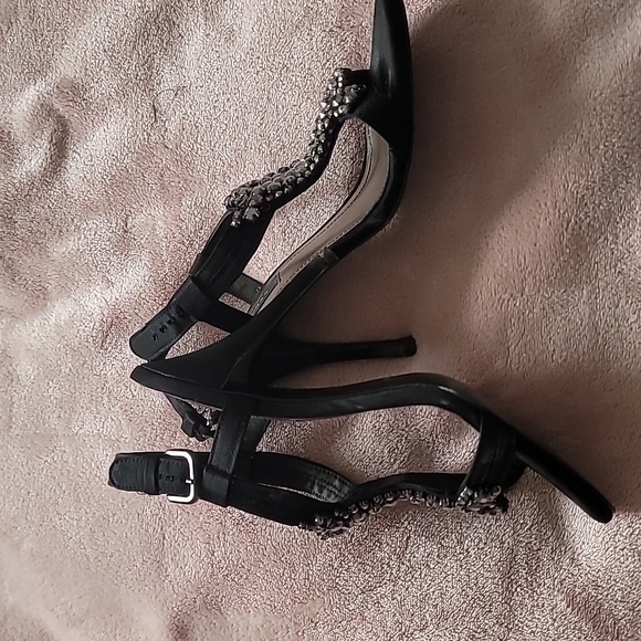 Sz 7 Zara black satin with black jewels open toed heels - Picture 4 of 4